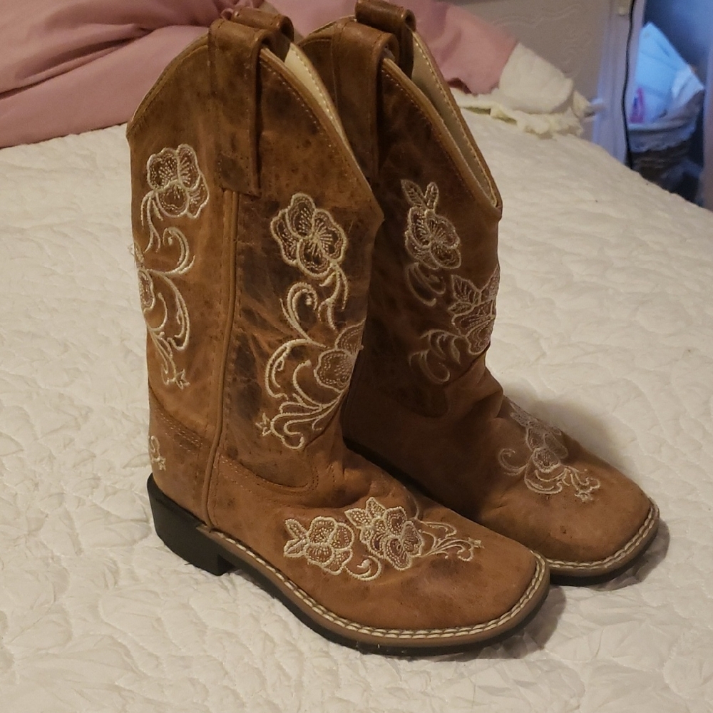 Girl Brown Cowboy Boots with Floral Embroidery